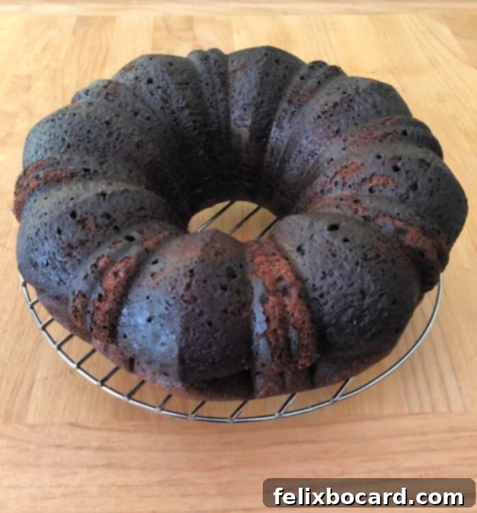 A freshly baked Kahlua Chocolate Bundt cake cooling on a wire rack