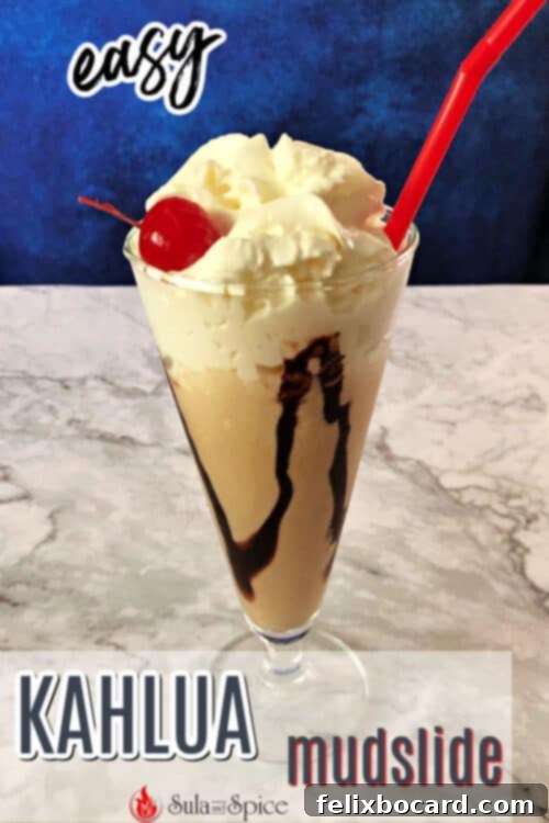 Kahlua Mudslide 4 Pin graphic for a Kahlua Mudslide ice cream drink with chocolate drizzle and whipped cream.