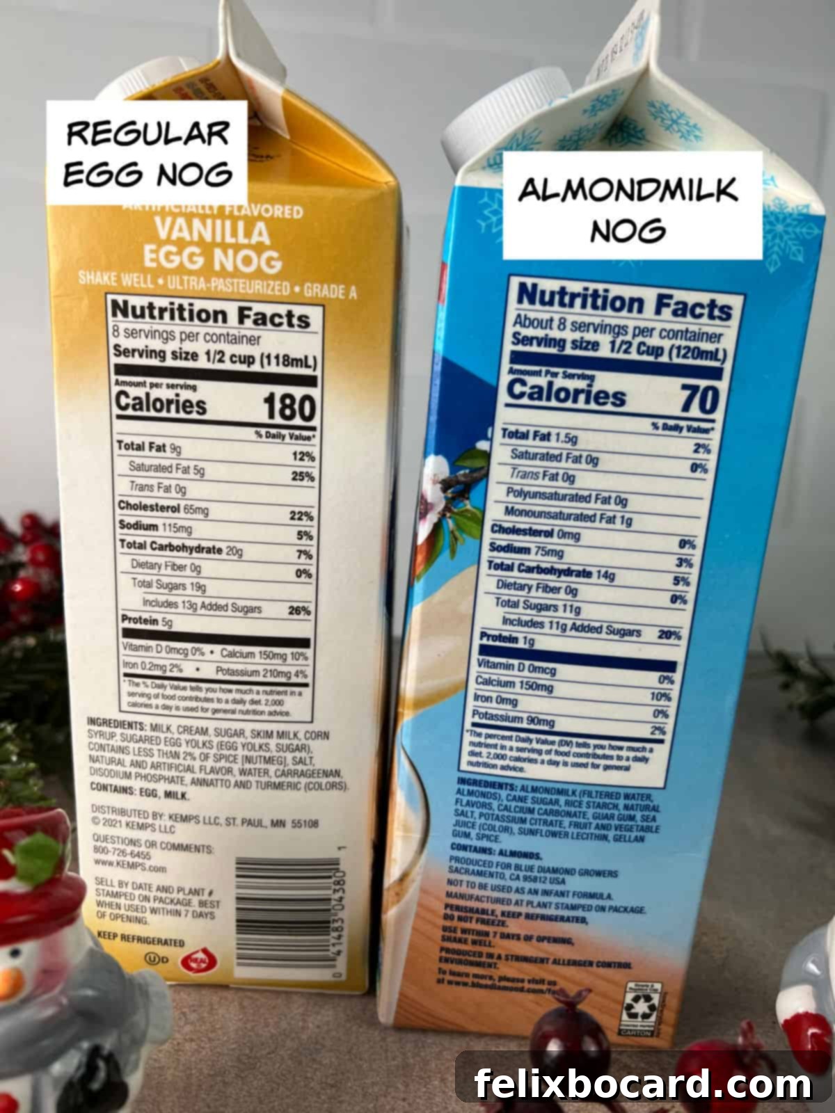 Yuletide White Russian 5 A side-by-side comparison of nutrition labels for classic eggnog and almondmilk nog, highlighting calorie differences.