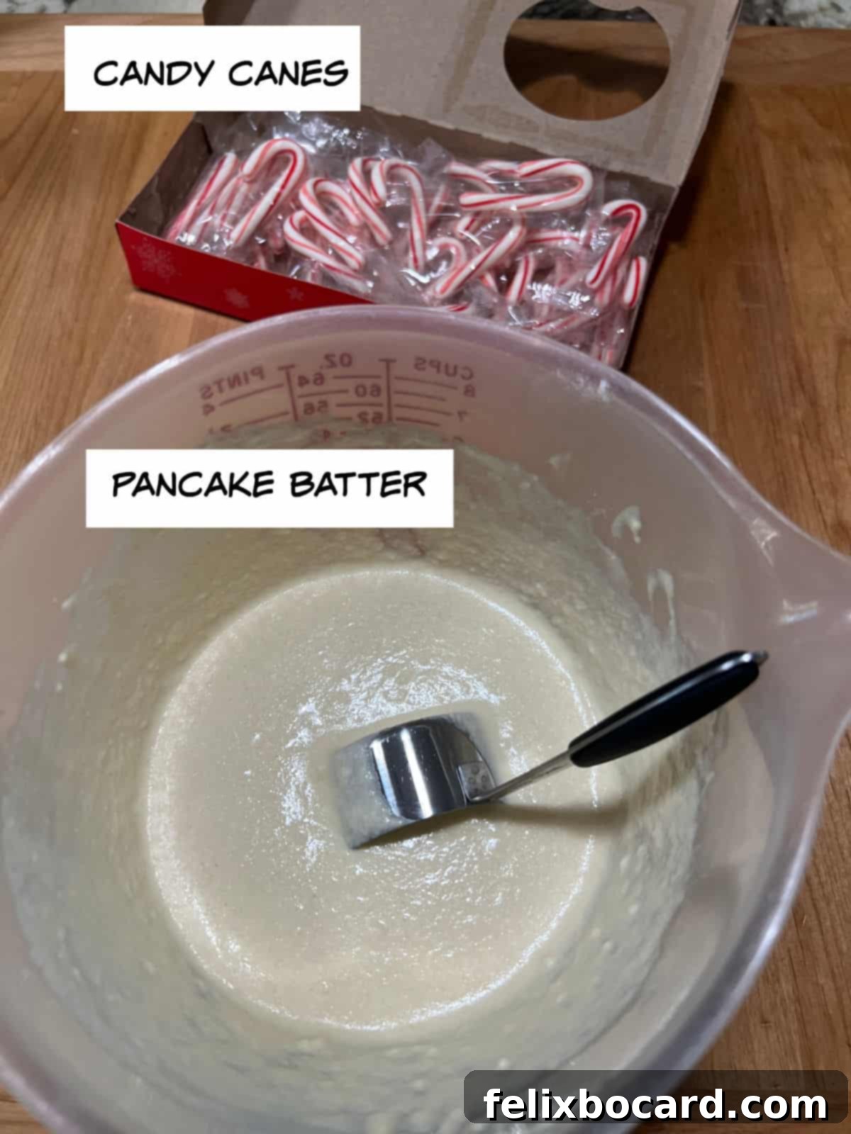 Minty Morning Flapjacks 3 Close-up of ingredients: whole candy canes and a bowl of prepared pancake batter, ready for mixing.