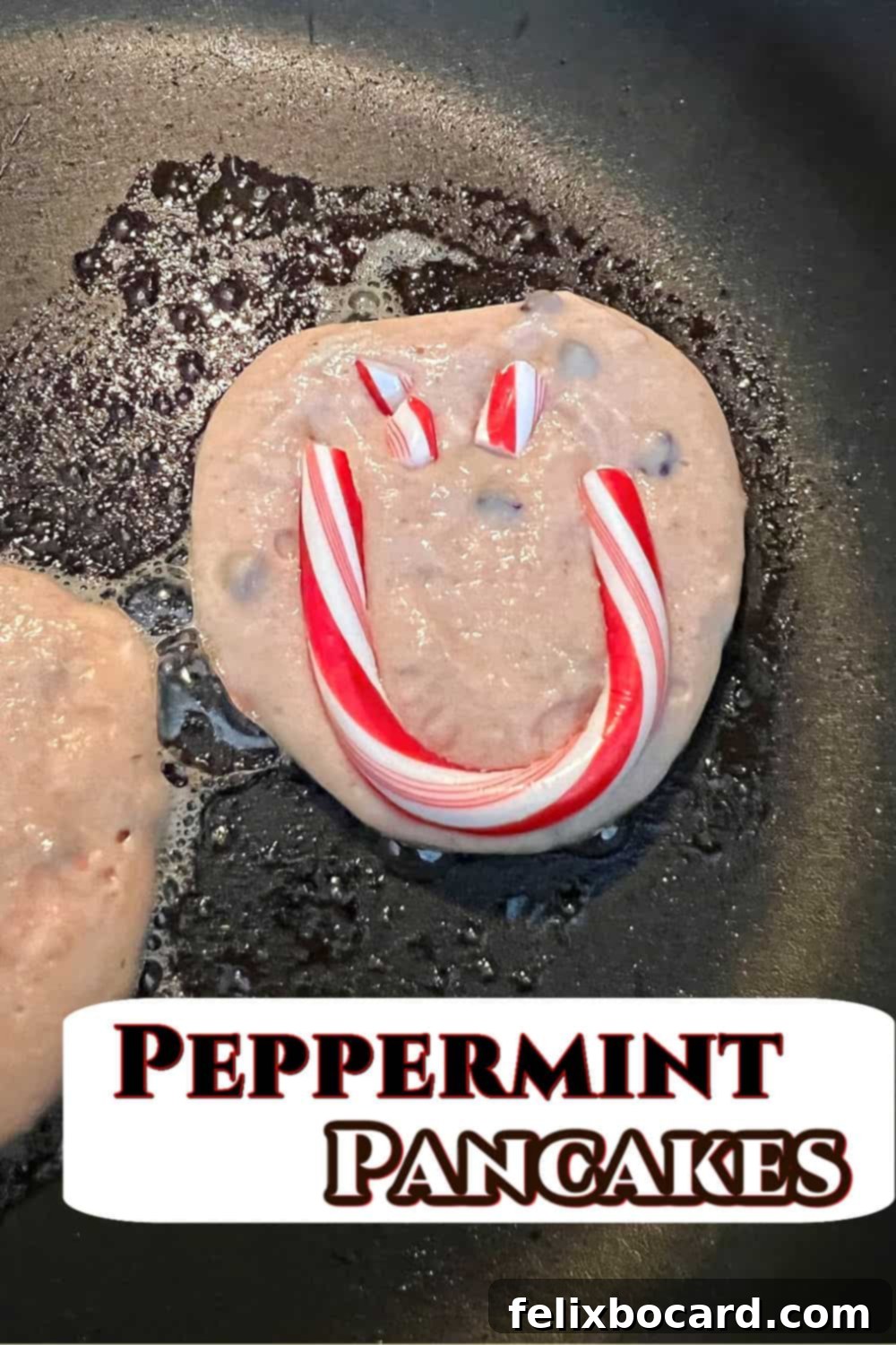 Minty Morning Flapjacks 10 A beautifully styled Pinterest pin image for 'Peppermint Pancakes', showcasing the finished dish with festive decorations.