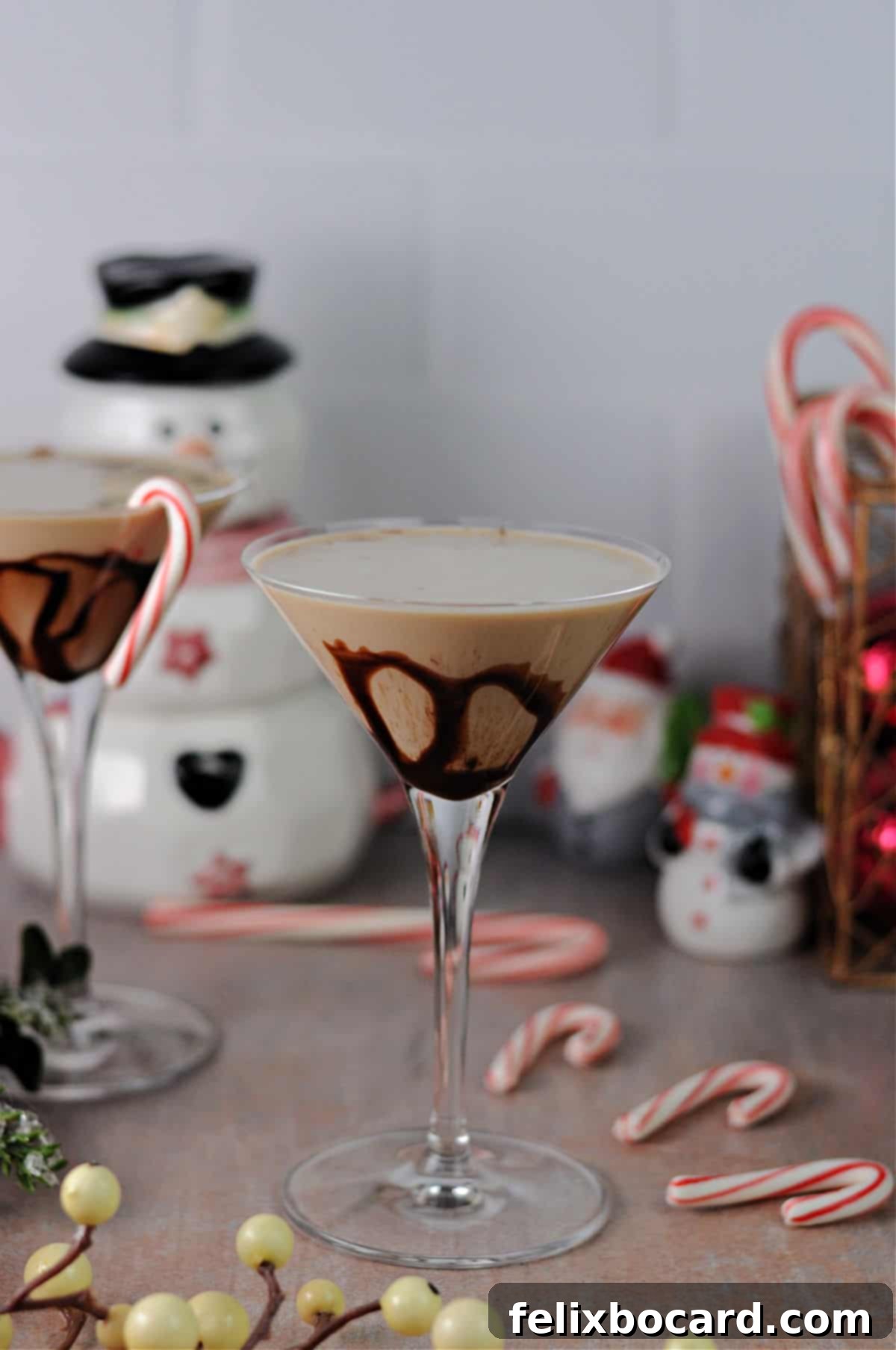 Close-up of a chocolate peppermint martini, showing its smooth, creamy texture without any garnish.