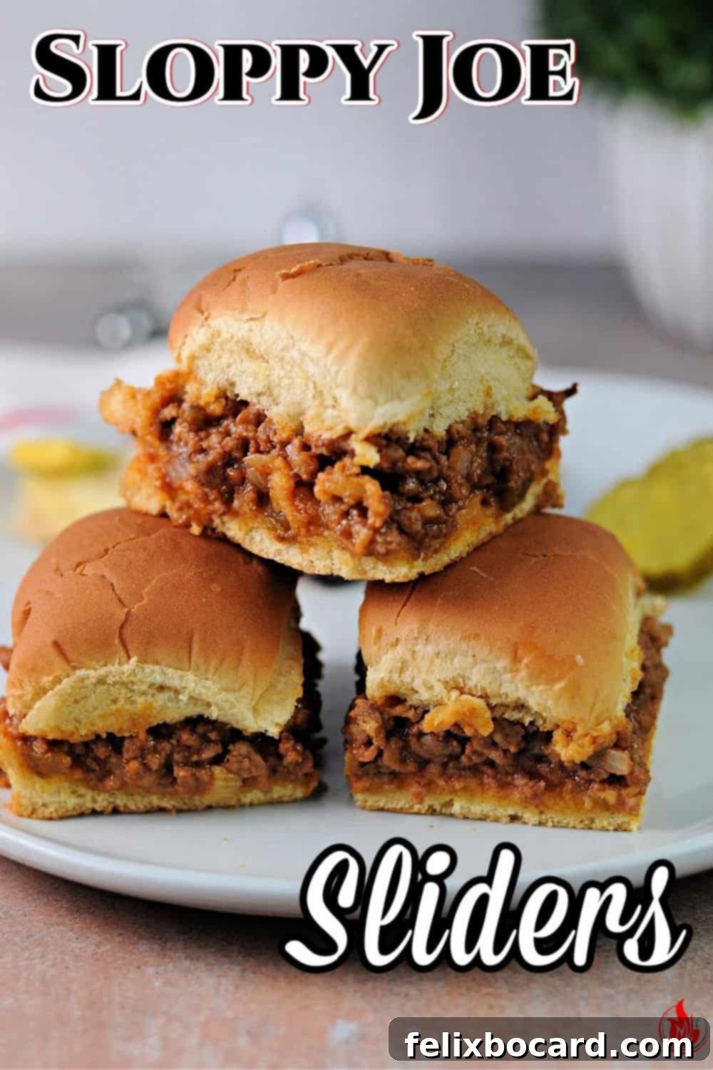 A Pinterest-friendly image of sloppy joe sliders, inviting viewers to save the recipe.