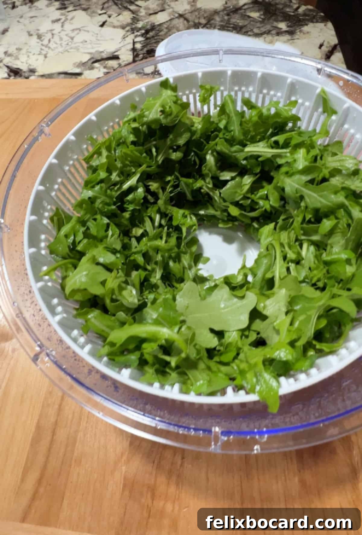 Freshly washed arugula greens spinning dry in a salad spinner.