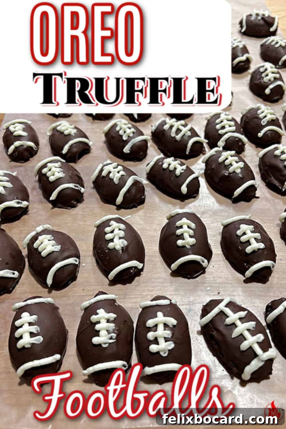 Pinterest pin image for Football Oreo Truffles, showcasing the mini football-shaped treats with a descriptive caption.