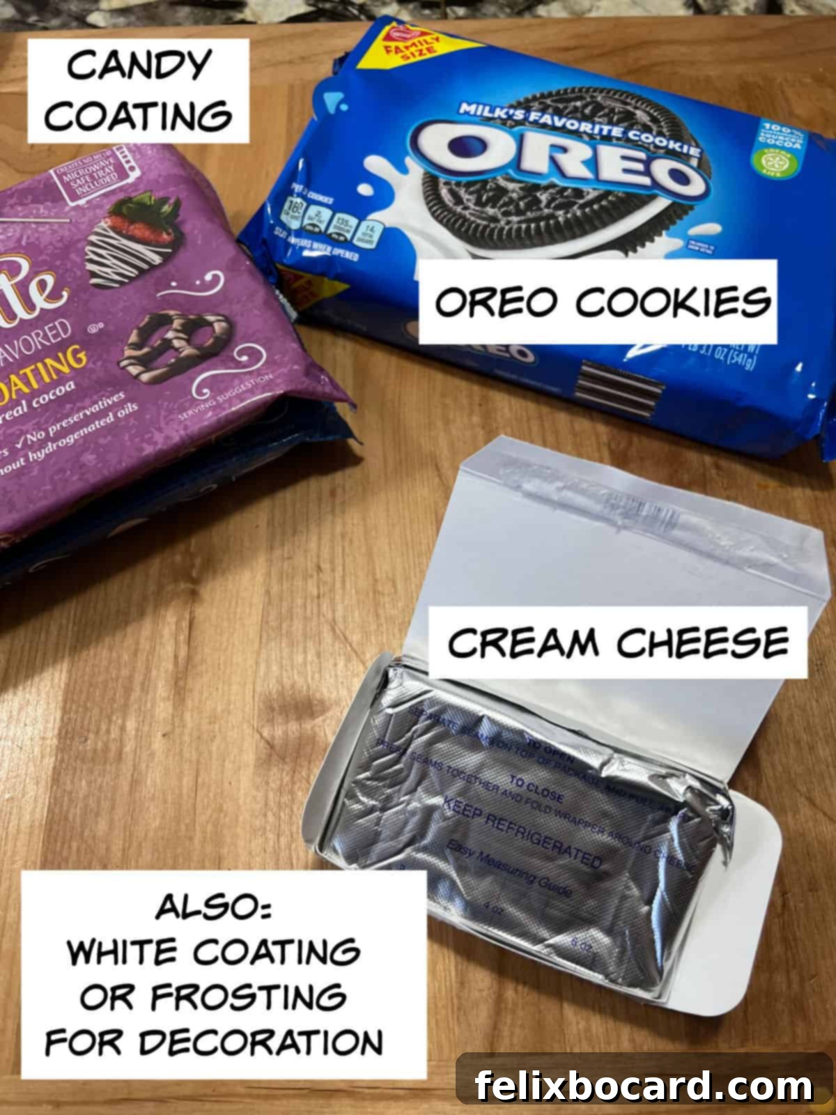 Ingredients for Oreo football truffles laid out: Oreo cookies, cream cheese block, and melting chocolate wafers. A note suggests white frosting or white chocolate for decorating.