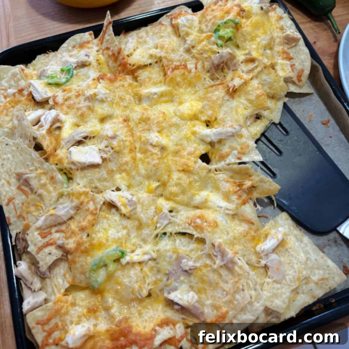 A tray of perfectly cooked air fryer nachos, garnished with fresh cilantro and ready to be served with a spatula.