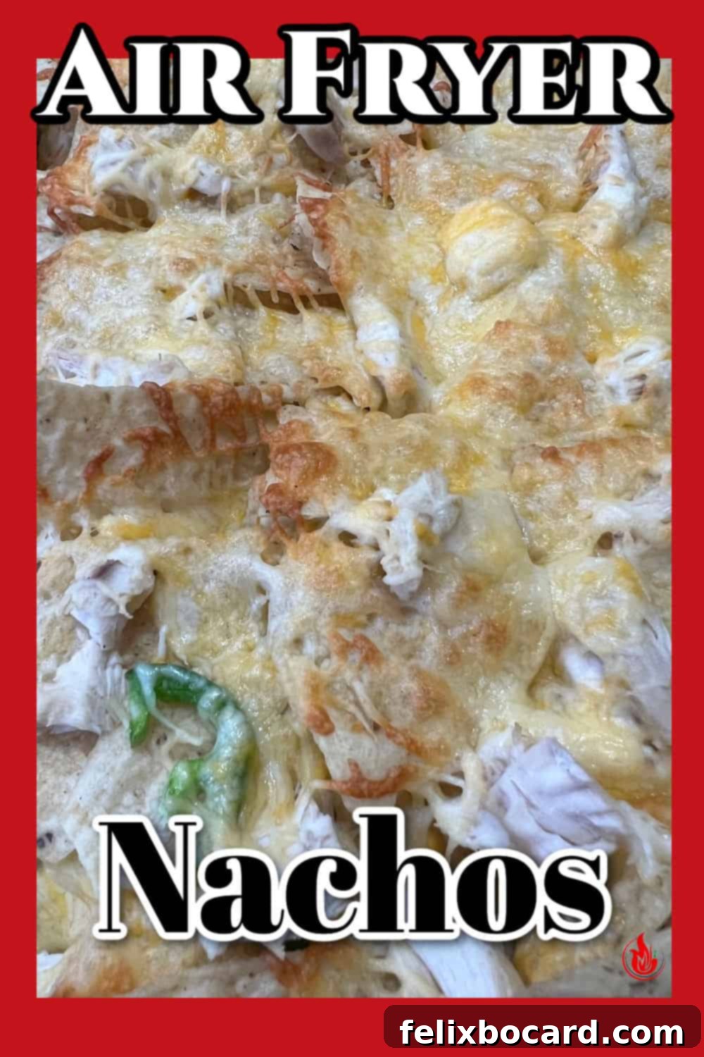 A vibrant and enticing Pinterest pin image for Air Fryer Nachos, showcasing the deliciousness of the recipe.