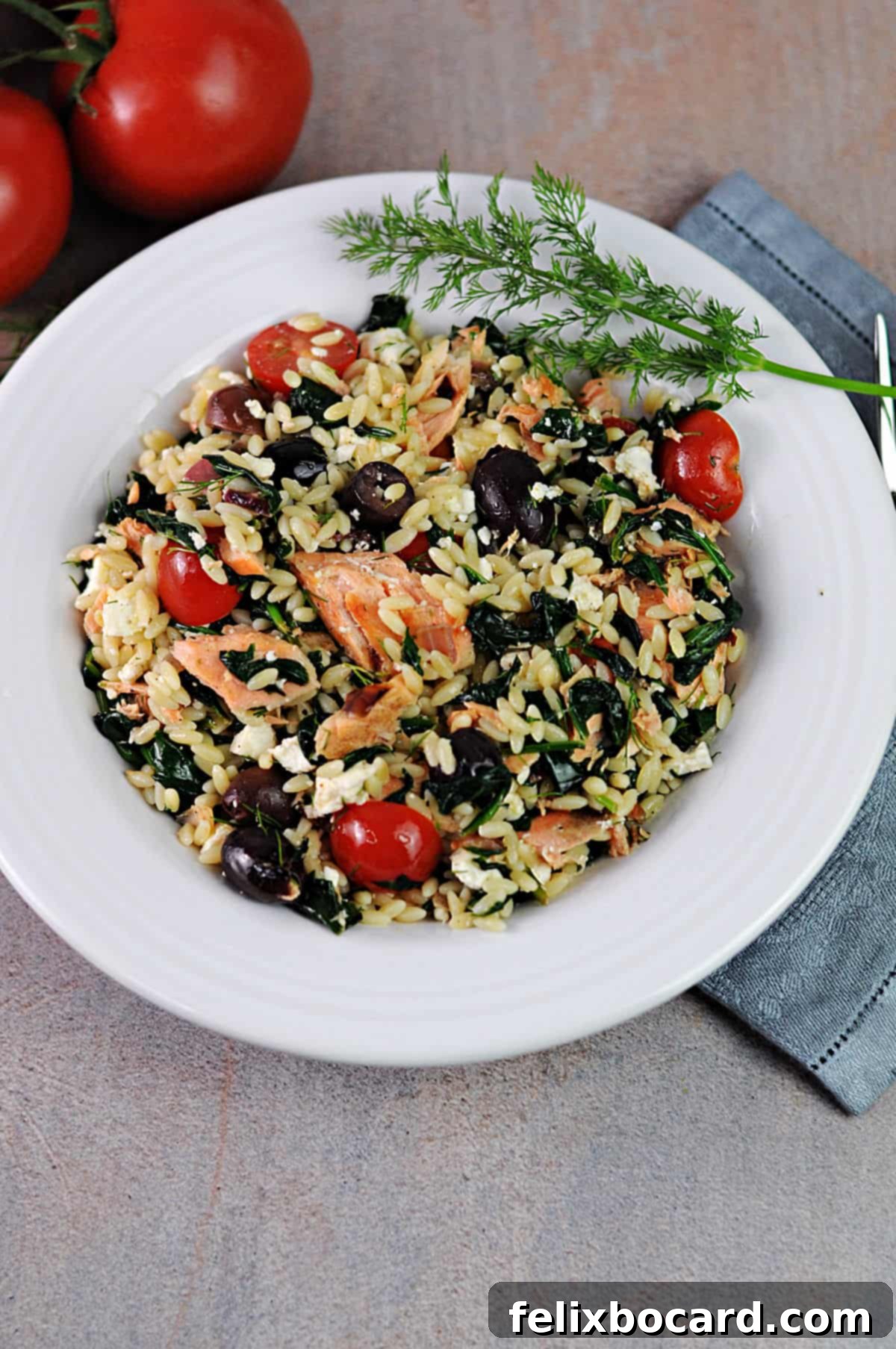 A vibrant bowl of Mediterranean Salmon Orzo Salad, garnished with fresh dill, ready to be enjoyed.