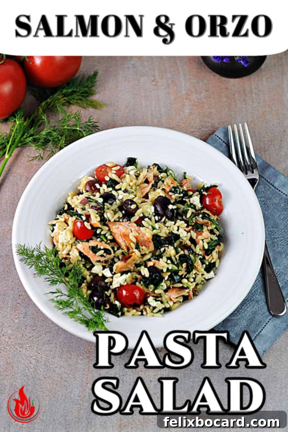 A Pinterest-optimized image featuring the Salmon Orzo Salad, with text overlay 'Salmon Orzo Salad: A Mediterranean Delight'.