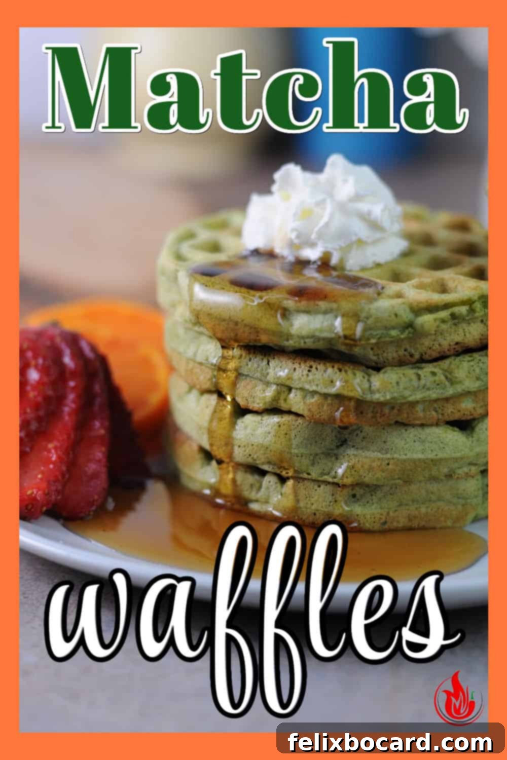 Pinterest pin graphic for matcha waffles, featuring a stack of delicious green tea waffles with syrup.