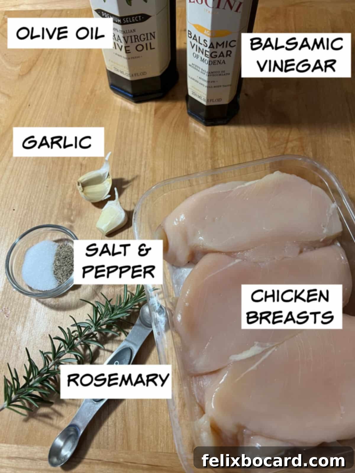 ingredients: olive oil, balsamic vinegar, chicken breasts, rosemary. garlic, salt, and pepper.