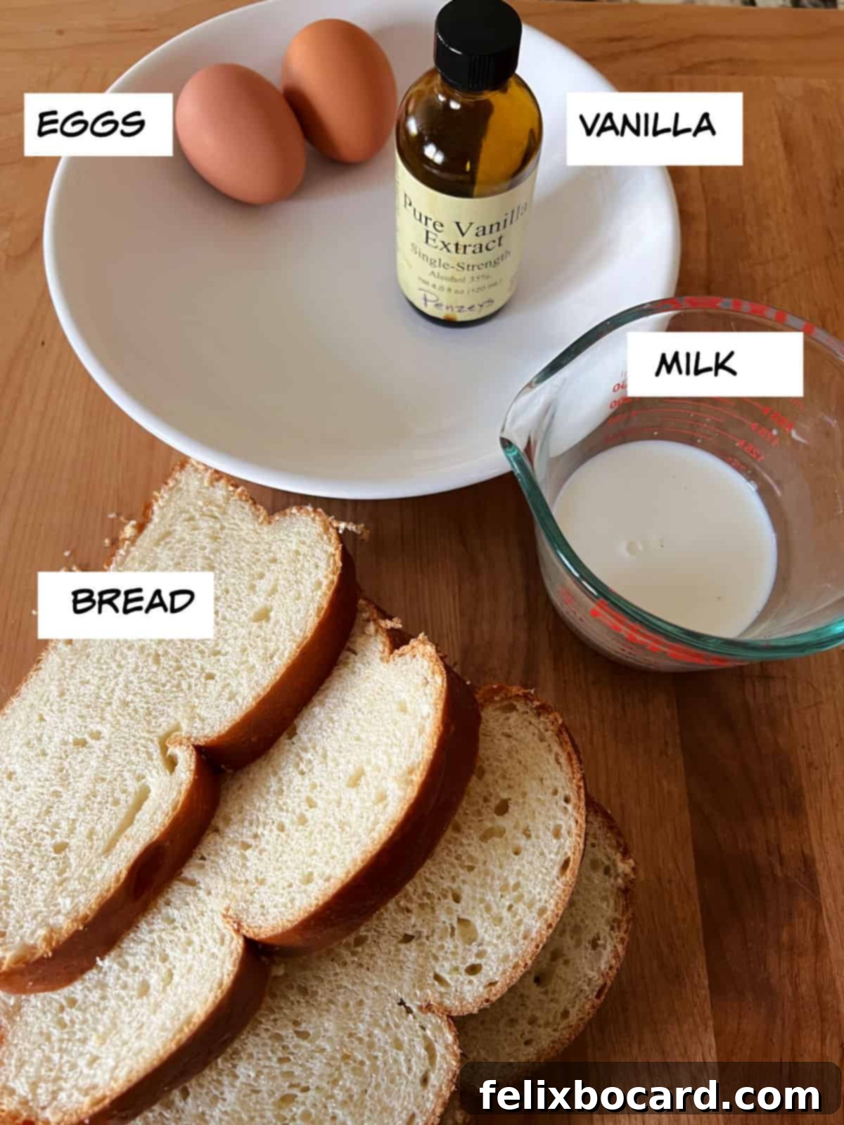 Key ingredients for French toast waffles: eggs, vanilla extract, milk, and sliced bread.