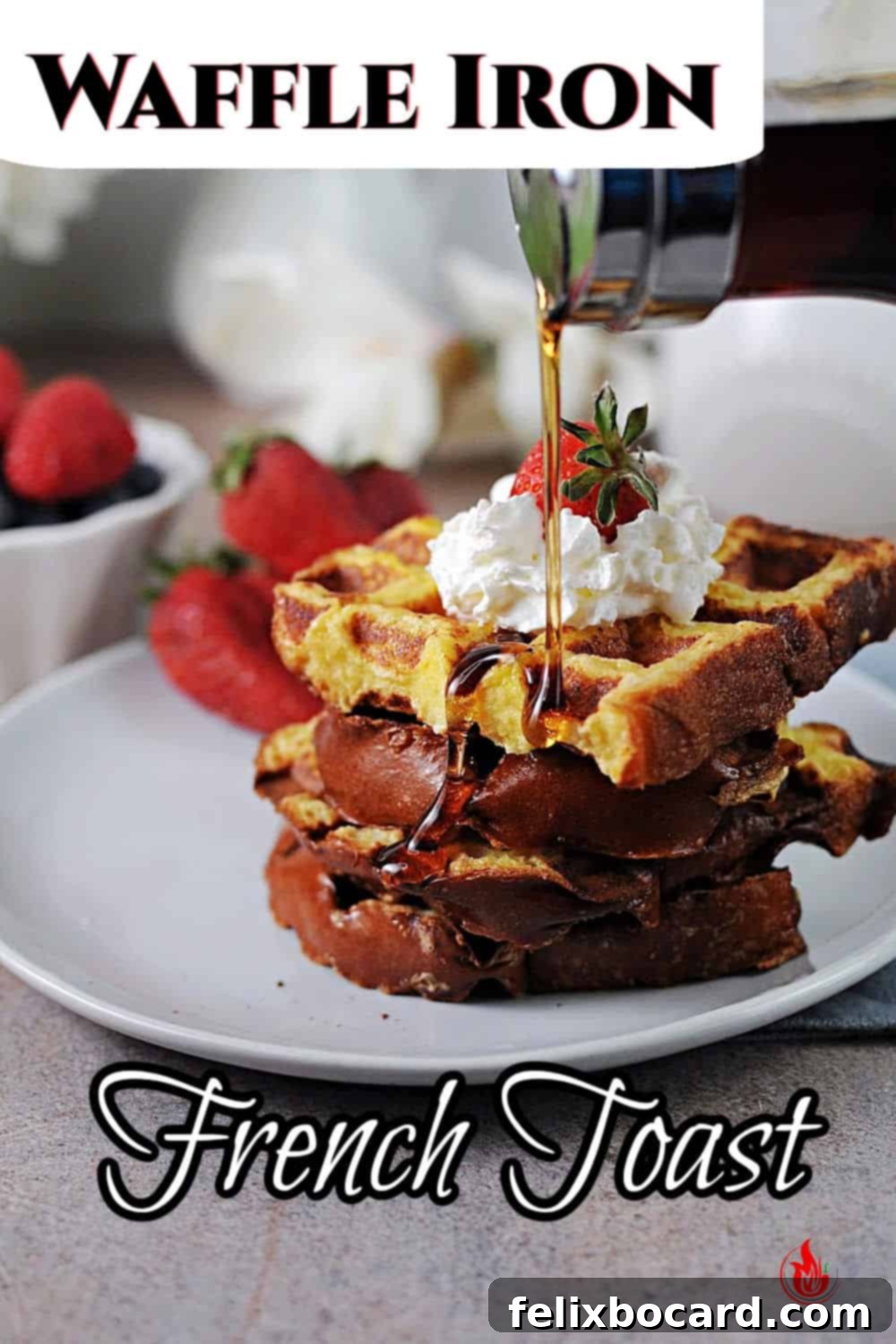 Pin graphic for sharing French toast waffles recipe on Pinterest.