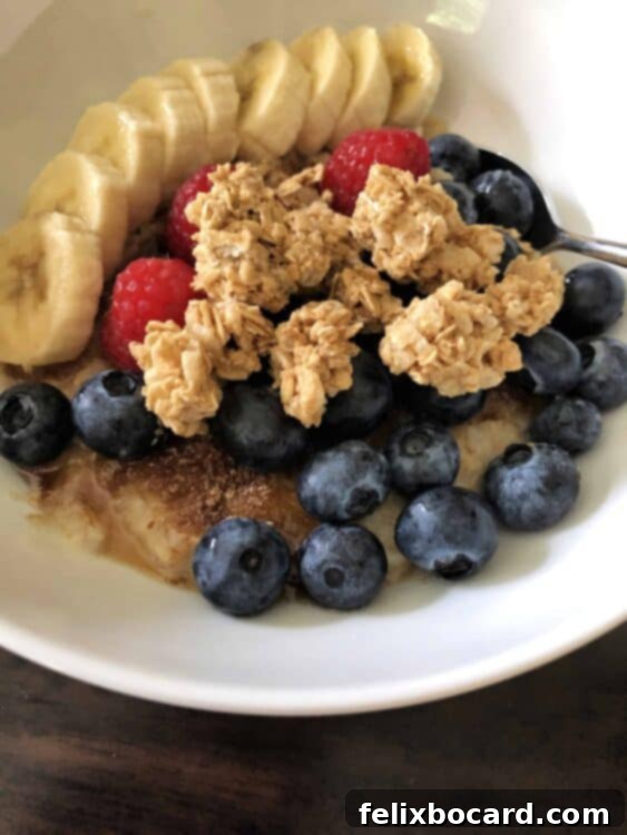 Creamy Almond Milk Stovetop Oats 4 A side view of a bowl of oatmeal with a variety of toppings, ready to be enjoyed as a hearty breakfast.