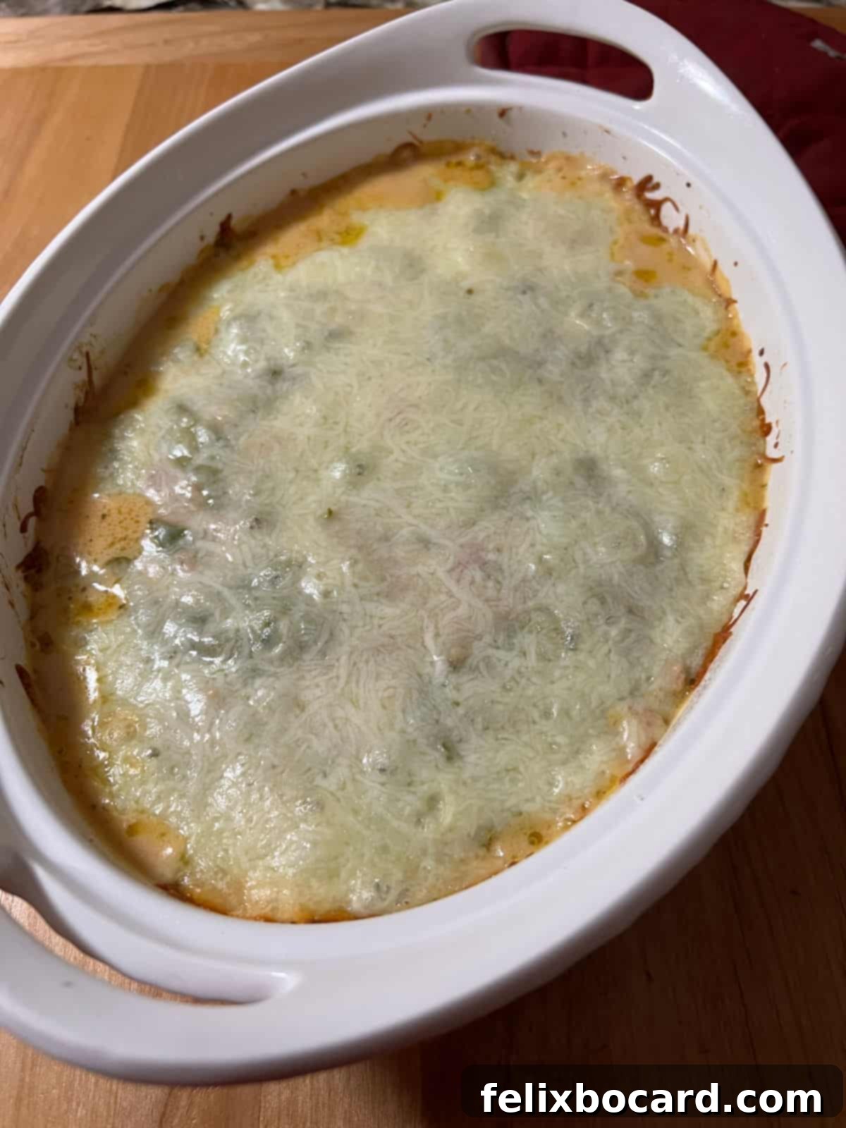 The perfectly cooked casserole, fresh out of the oven, displaying beautifully bubbly edges and a perfectly melted, golden cheese topping.