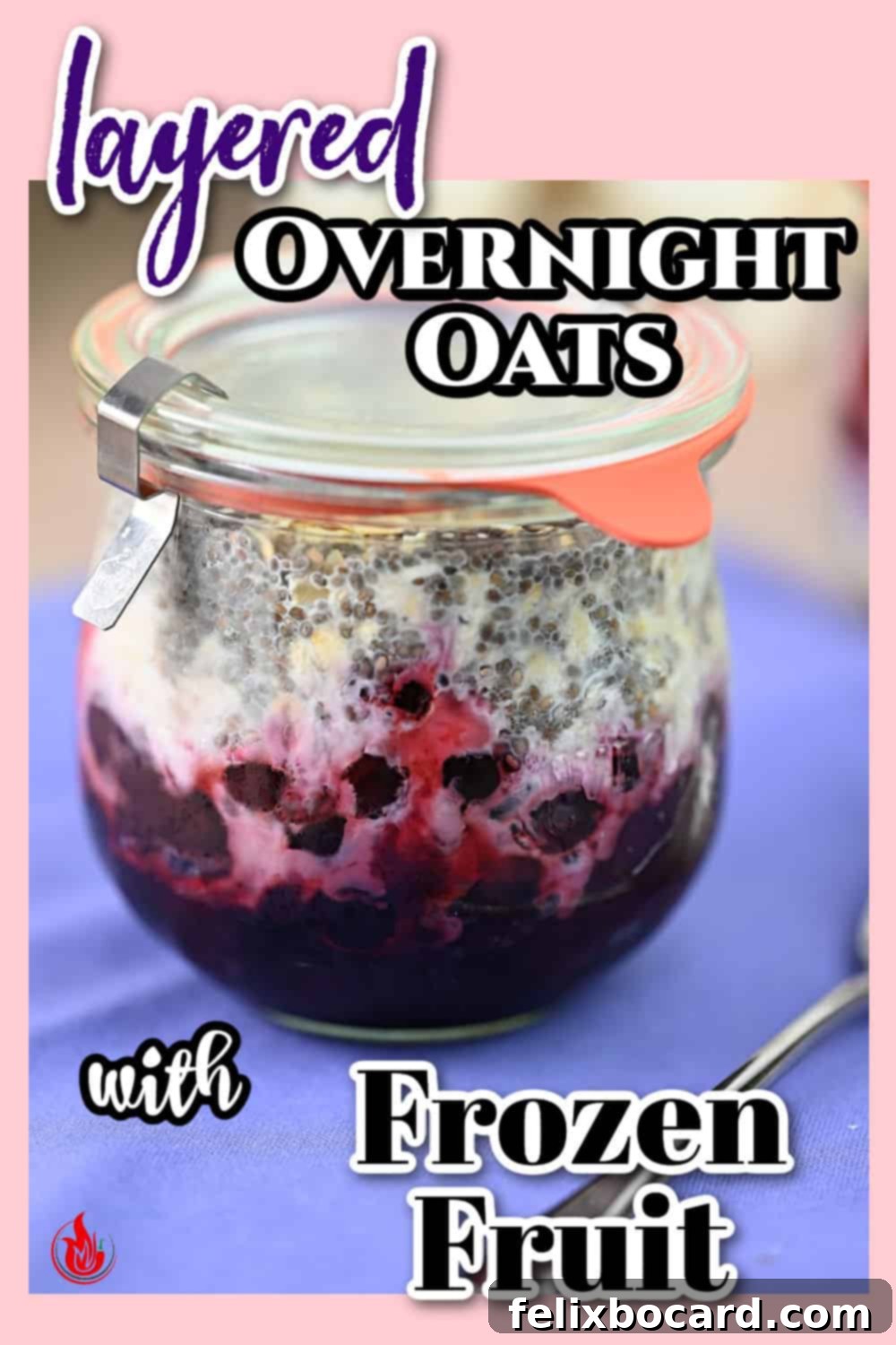 Pinterest pin image for a recipe of layered overnight oats with frozen fruit, highlighting ease of preparation.