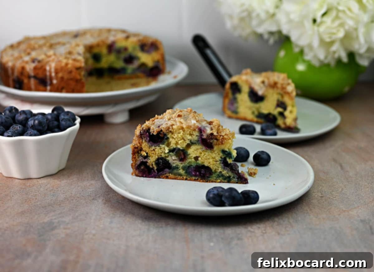 Two slices of blueberry sour cream coffee cake being served on small plates, garnished with fresh blueberries.