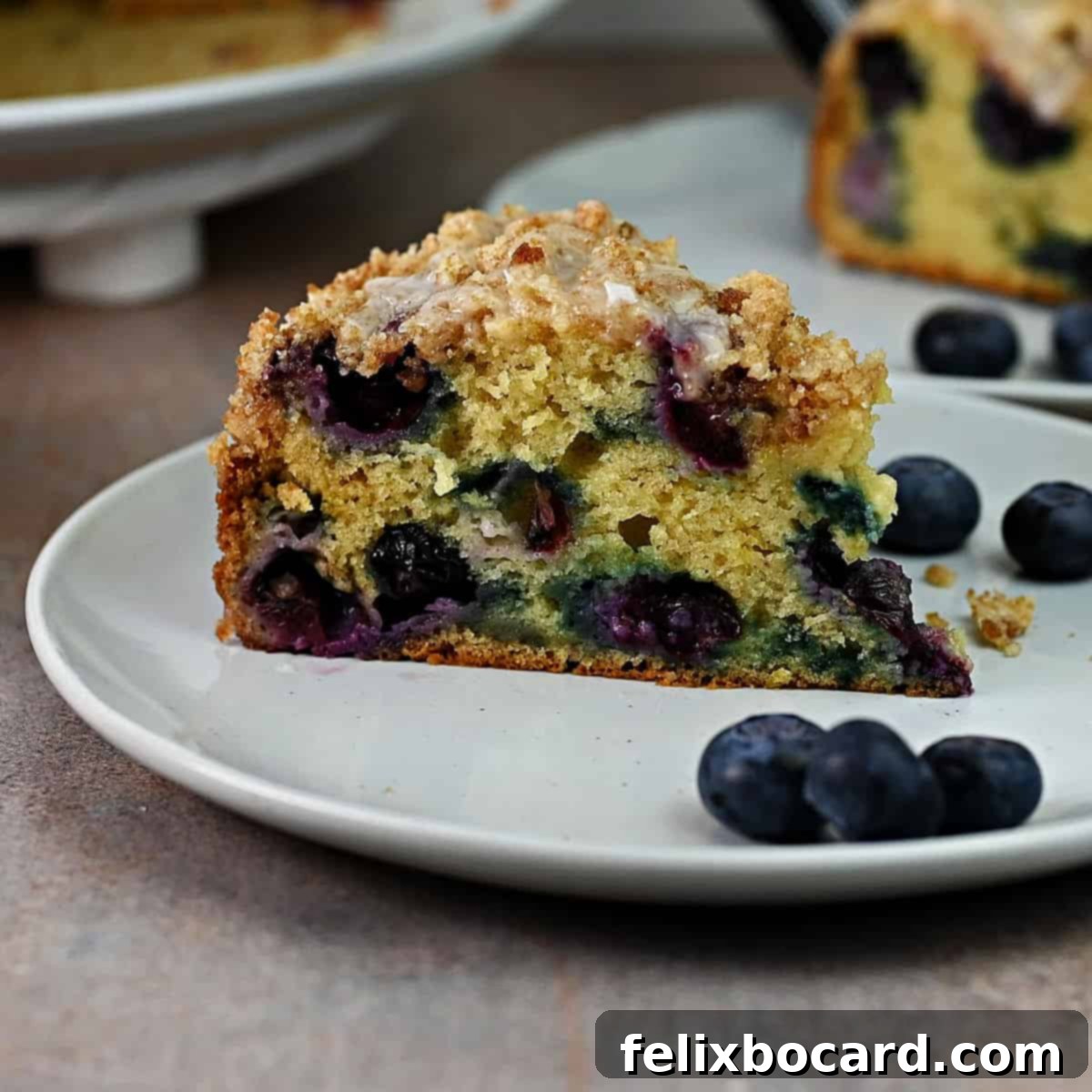 A beautiful slice of blueberry sour cream coffee cake on a plate, ready to be enjoyed.