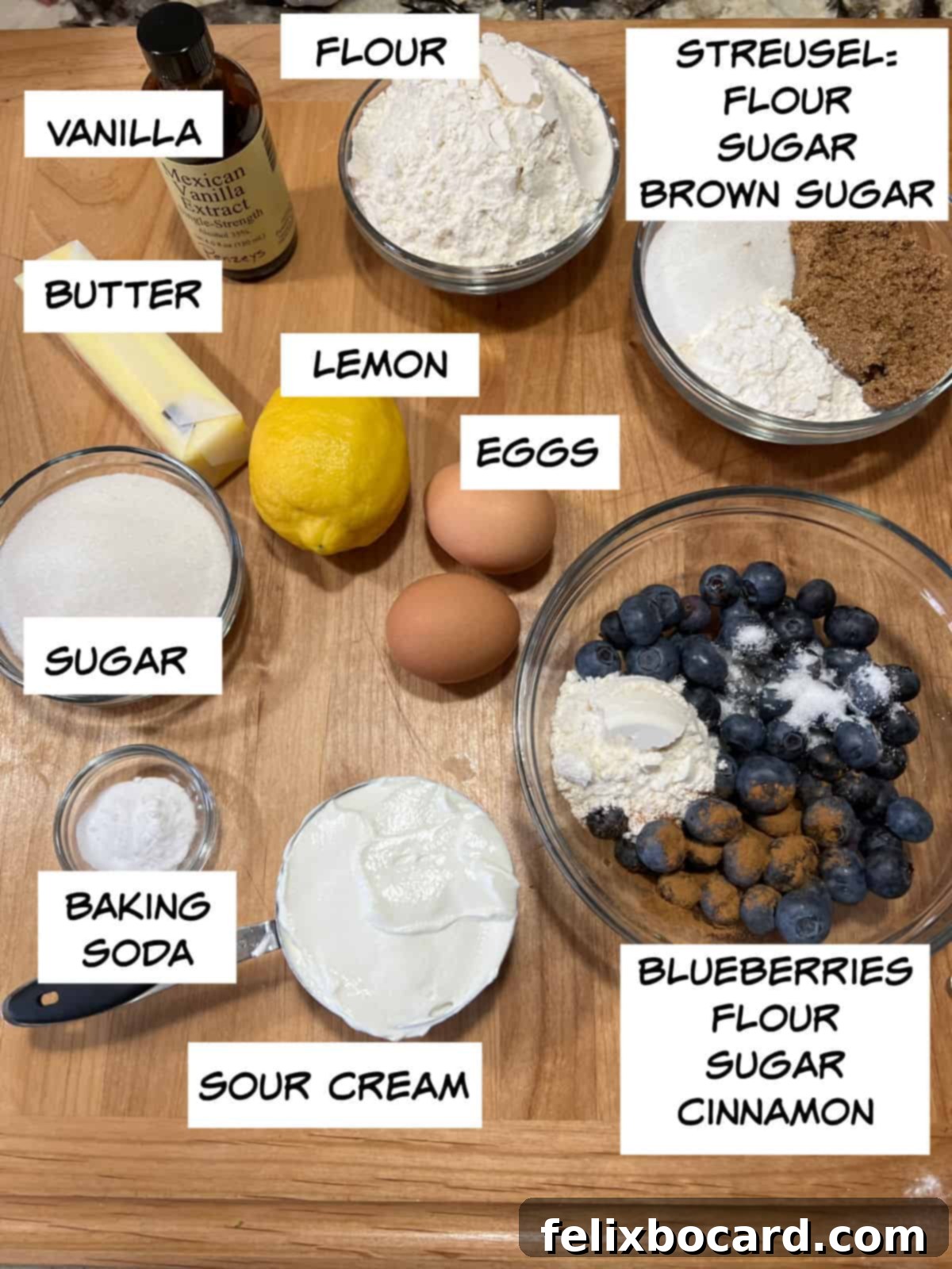 Arrangement of ingredients for blueberry sour cream coffee cake, including vanilla, flour, streusel components, butter, lemon, eggs, sugar, baking soda, sour cream, and blueberries with flour, sugar, and cinnamon.