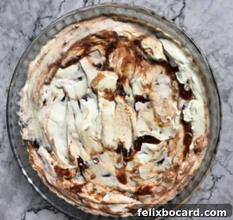 Top-down view of a large pan containing several distinct layers of taco dip ingredients, including beans, guacamole, and salsa.