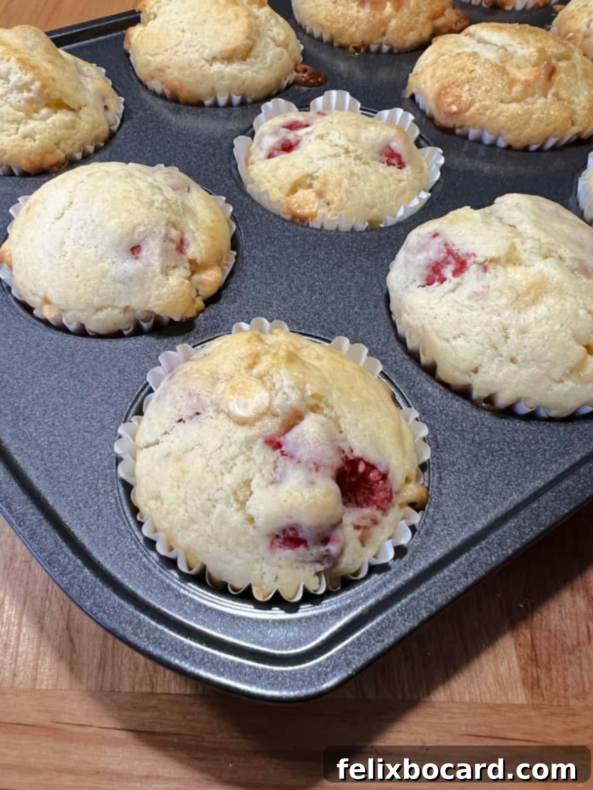 A close-up shot of a perfectly baked raspberry white chocolate muffin still in its paper liner within the muffin pan. It has a golden top and visible raspberries.
