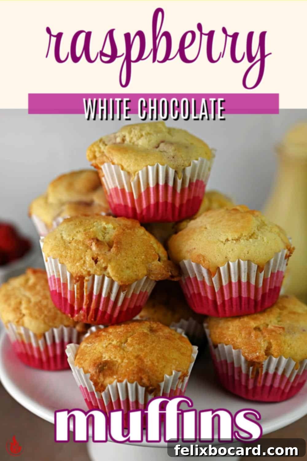 A Pinterest pin image for raspberry white chocolate muffins, showing a stack of muffins with text overlay.