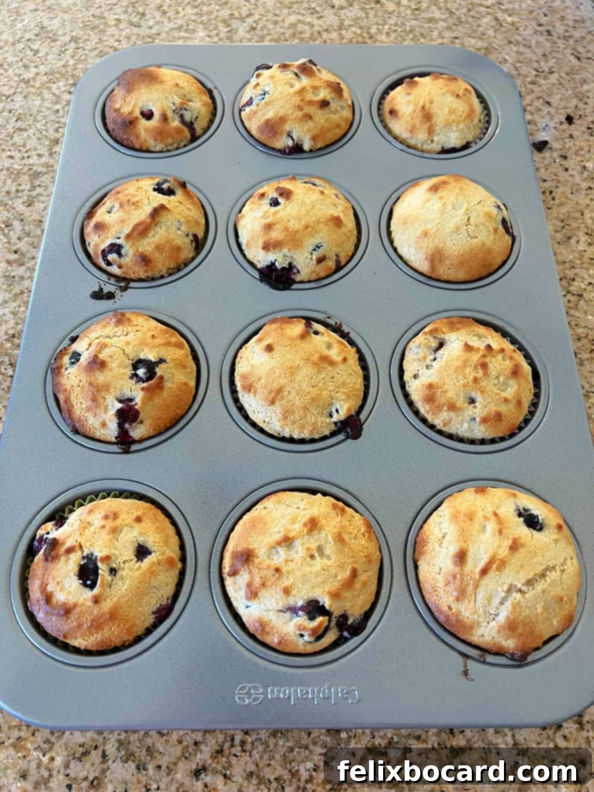 A muffin tin filled with beautifully baked, golden brown blueberry muffins, fresh out of the oven.