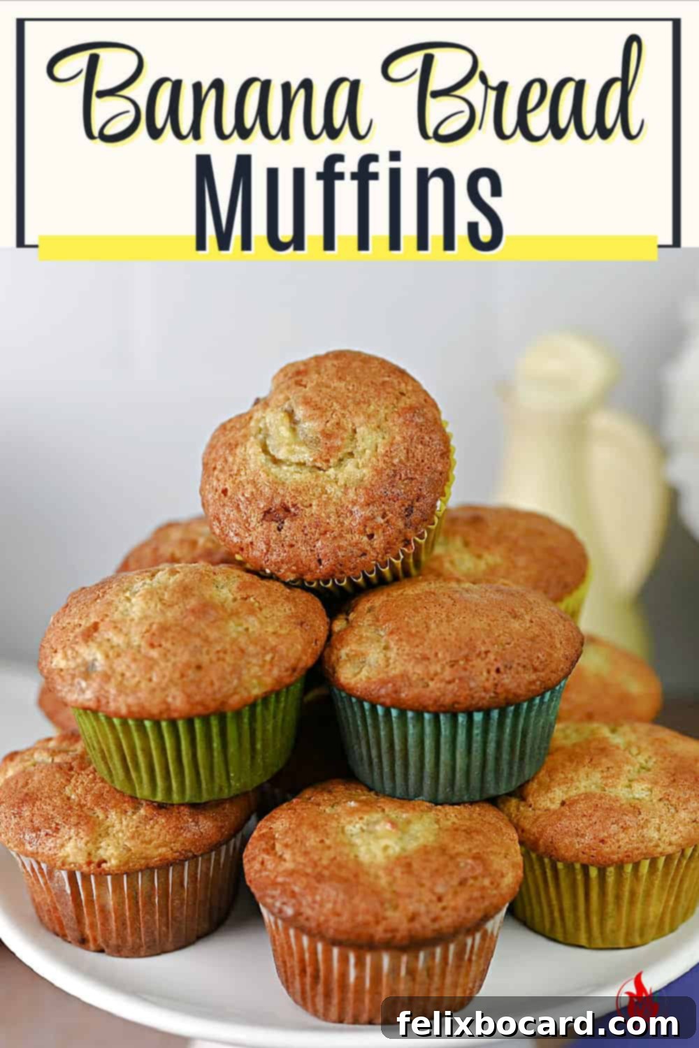 A visually appealing close-up of a stack of golden-brown banana bread muffins, indicating a perfectly baked and delicious treat, ideal for pinning and sharing the recipe.