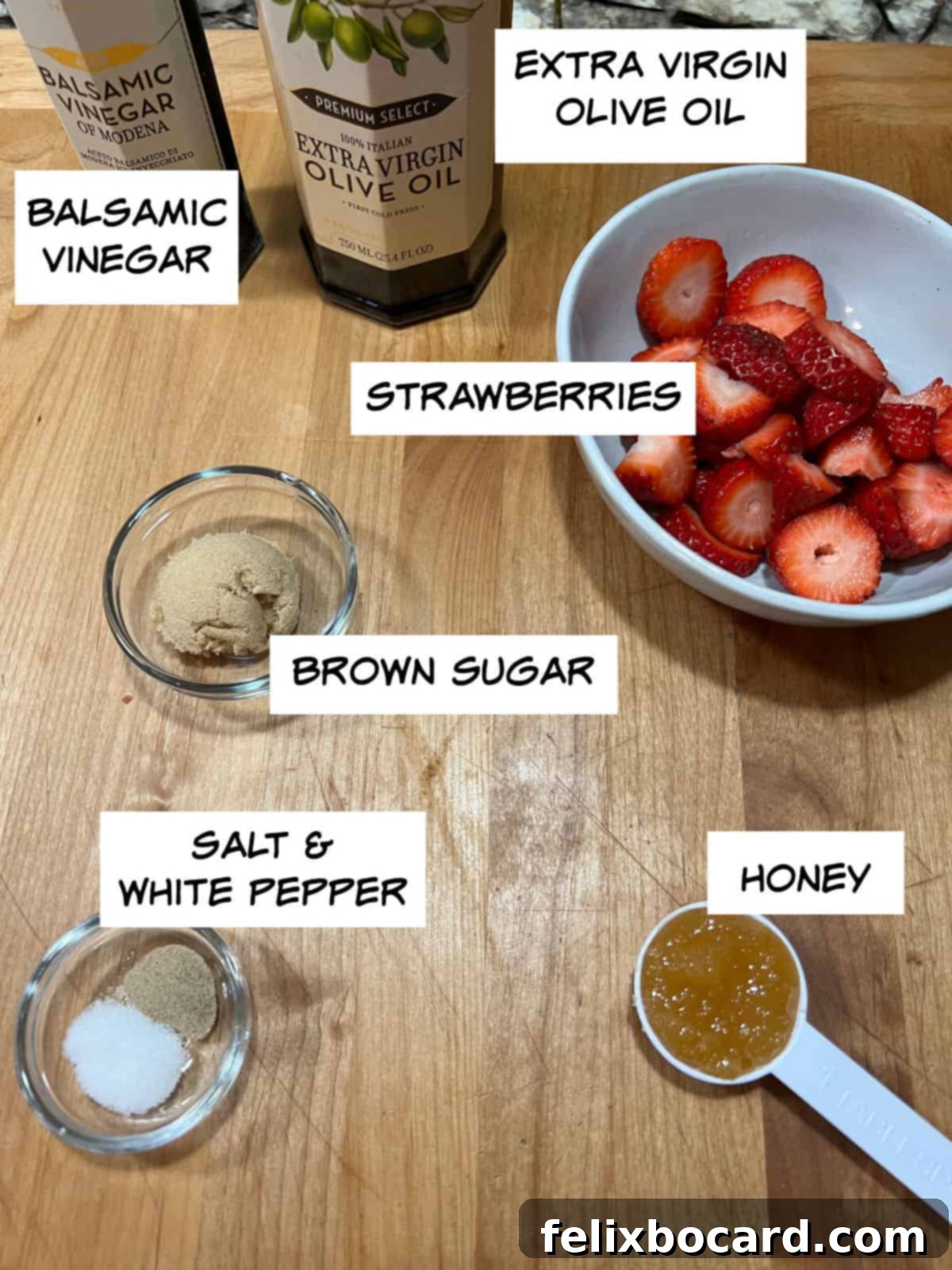 Ingredients: balsamic vinegar, extra-virgin olive oil, strawberries, brown sugar, honey, salt, and white pepper.