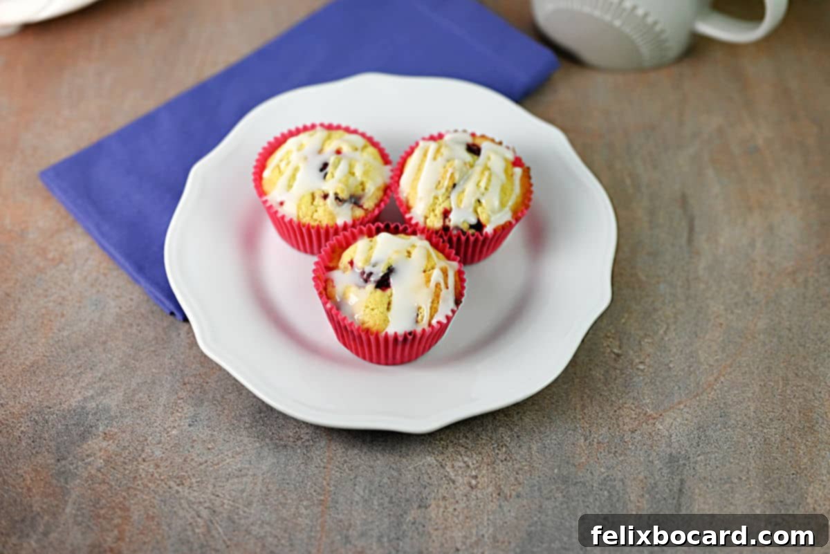 Three golden-brown cranberry cream cheese muffins on a white plate, showcasing their inviting texture and cranberries.