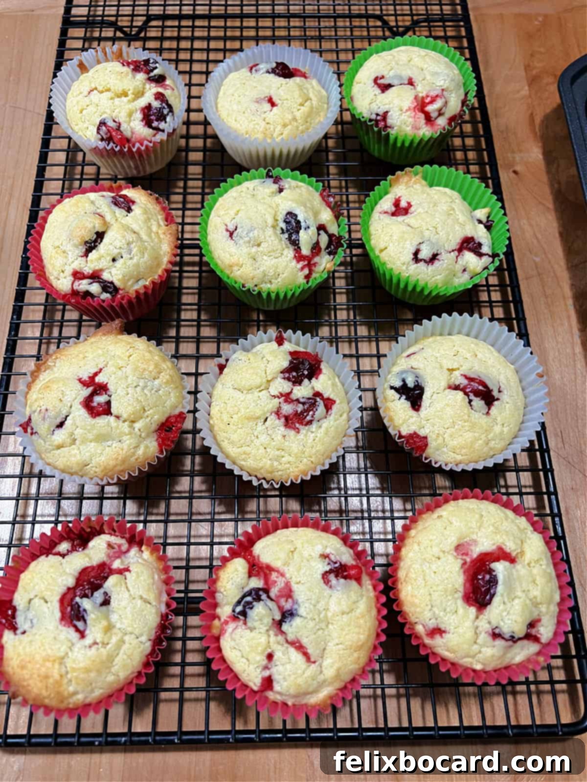 Warm cranberry cream cheese muffins cooling on a wire rack after being freshly baked, exuding a comforting aroma.