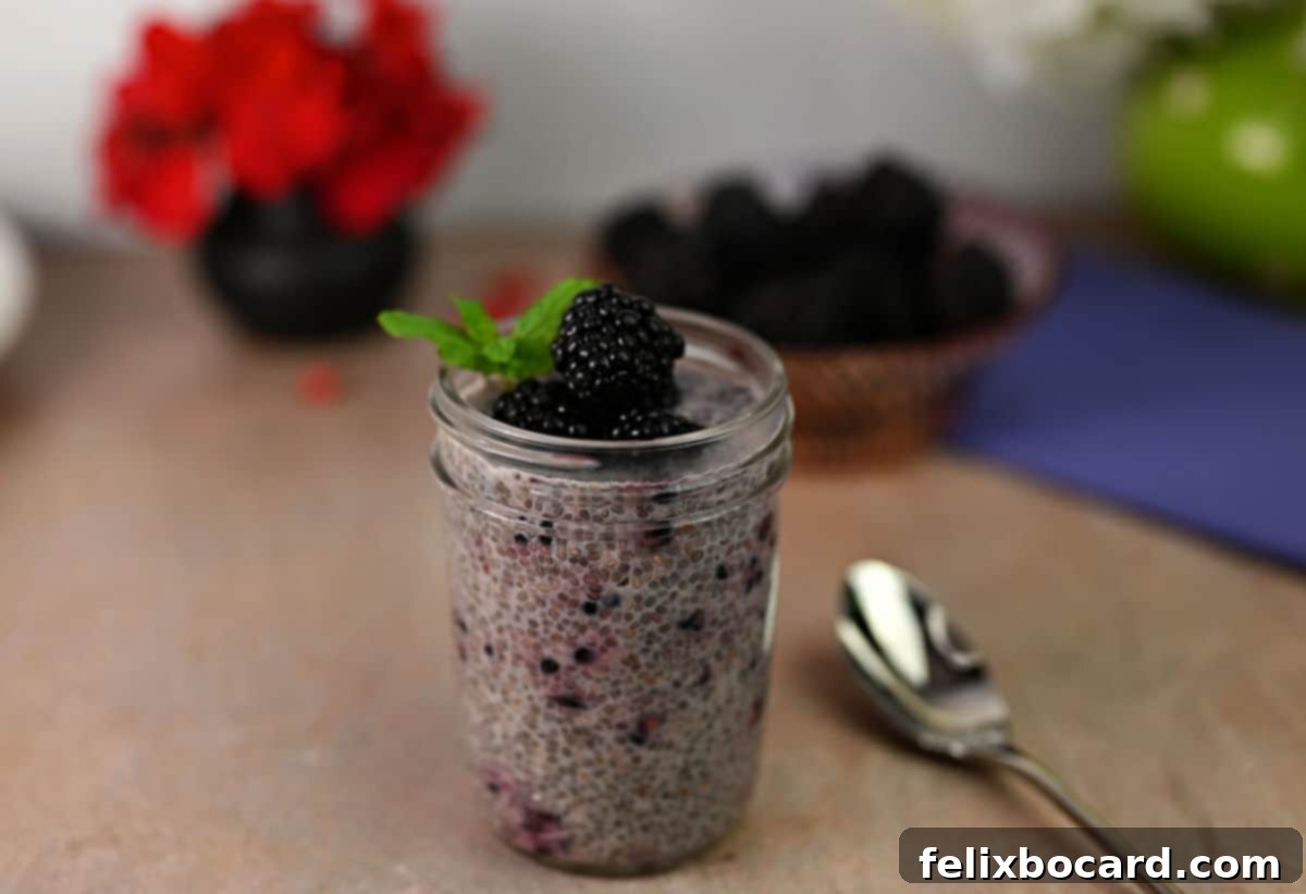 Vibrant Blackberry Chia Seed Pudding in a glass jar, garnished with fresh blackberries and mint.