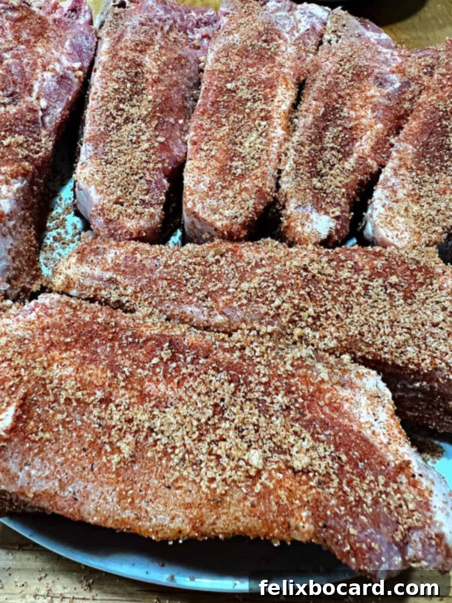 Close up of pork covered in sweet dry rub.