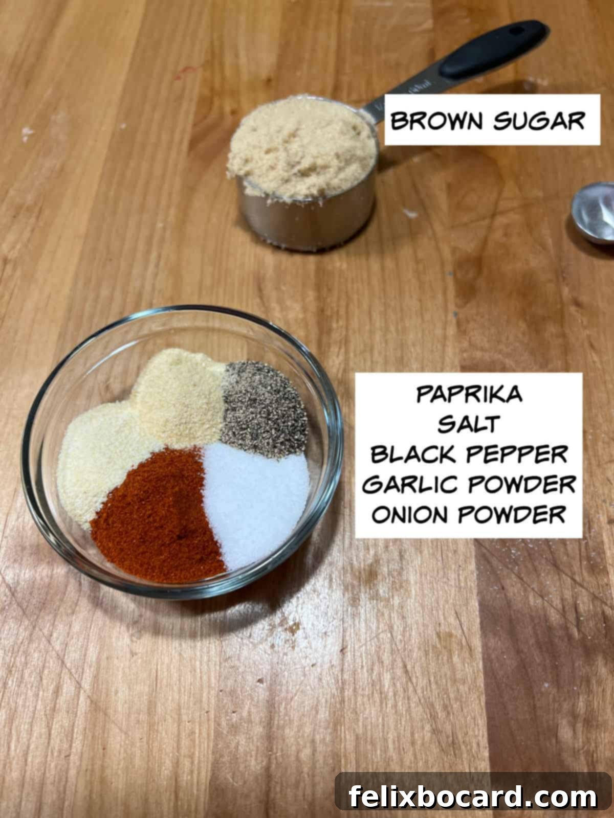 Ingredients: brown sugar, paprika, salt, black pepper, garlic powder, onion powder.