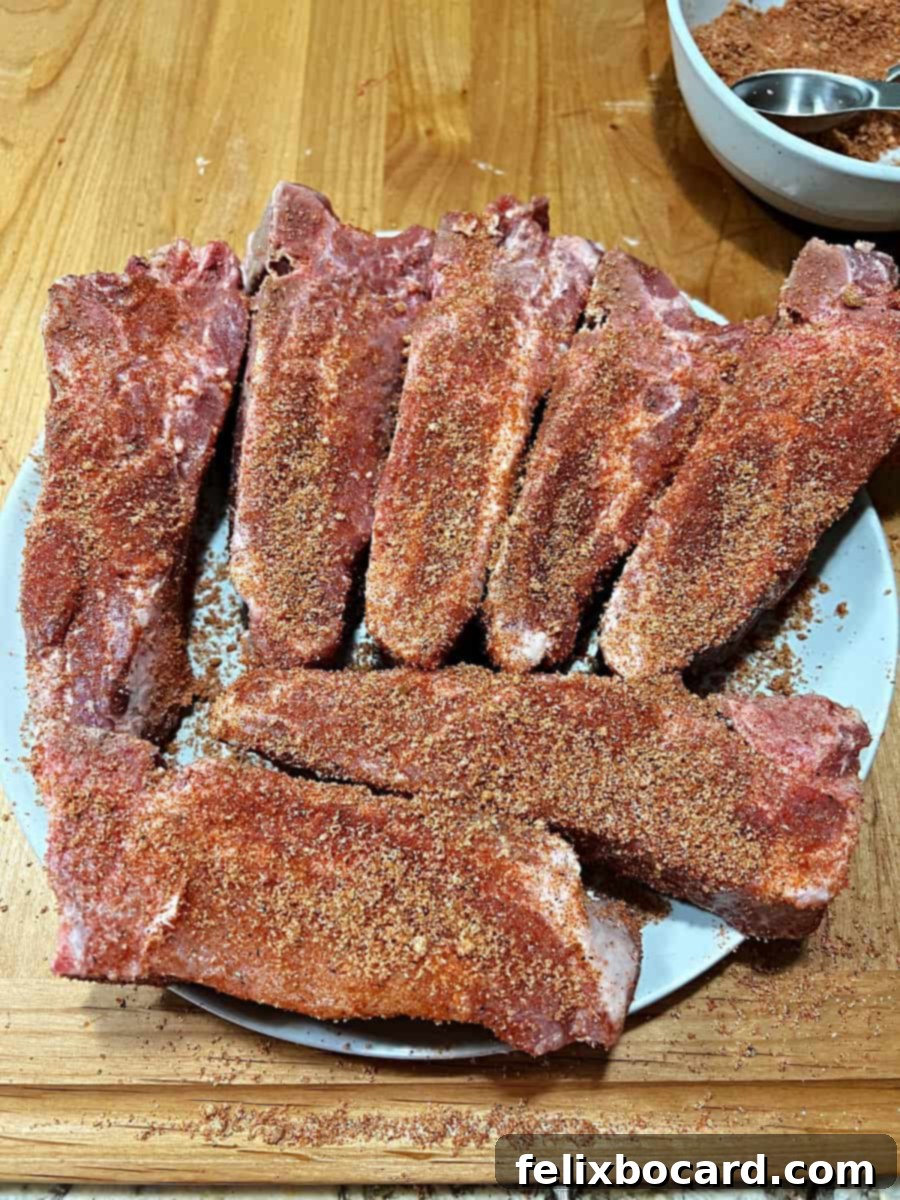 Plate of pork country ribs covered with sweet dry rub.