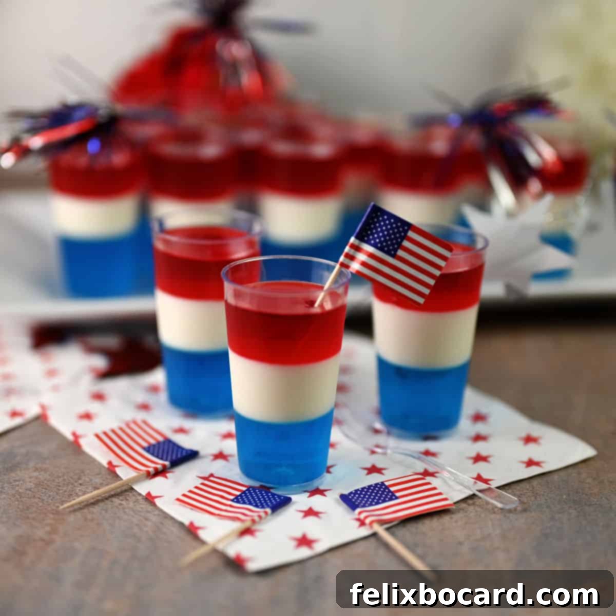RWB jello shots using sweetened condensed milk for the white layer, showing clean layer separation.