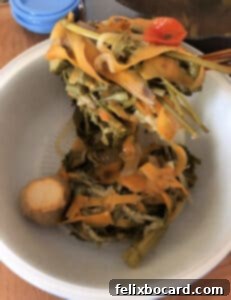 Vegetable solids in a mesh strainer after broth has been made.