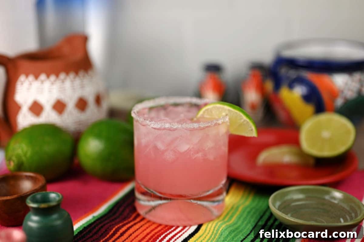 Blushing Grapefruit Margarita 2 Pink Grapefruit Margarita made with Ruby Red juice, garnished with a lime slice.