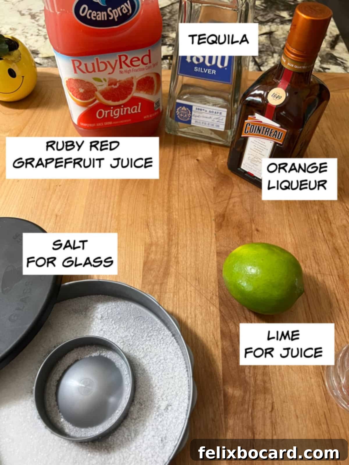 Blushing Grapefruit Margarita 3 Ingredients for a Pink Grapefruit Margarita: ruby red grapefruit juice, tequila, orange liqueur, lime, and salt for rimming.