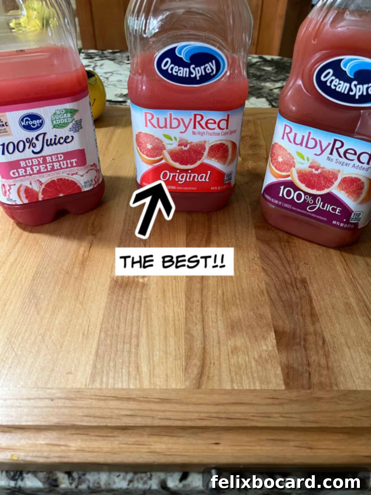 Blushing Grapefruit Margarita 5 Three containers of ruby red grapefruit juice, with Ocean Spray brand original preferred for flavor.