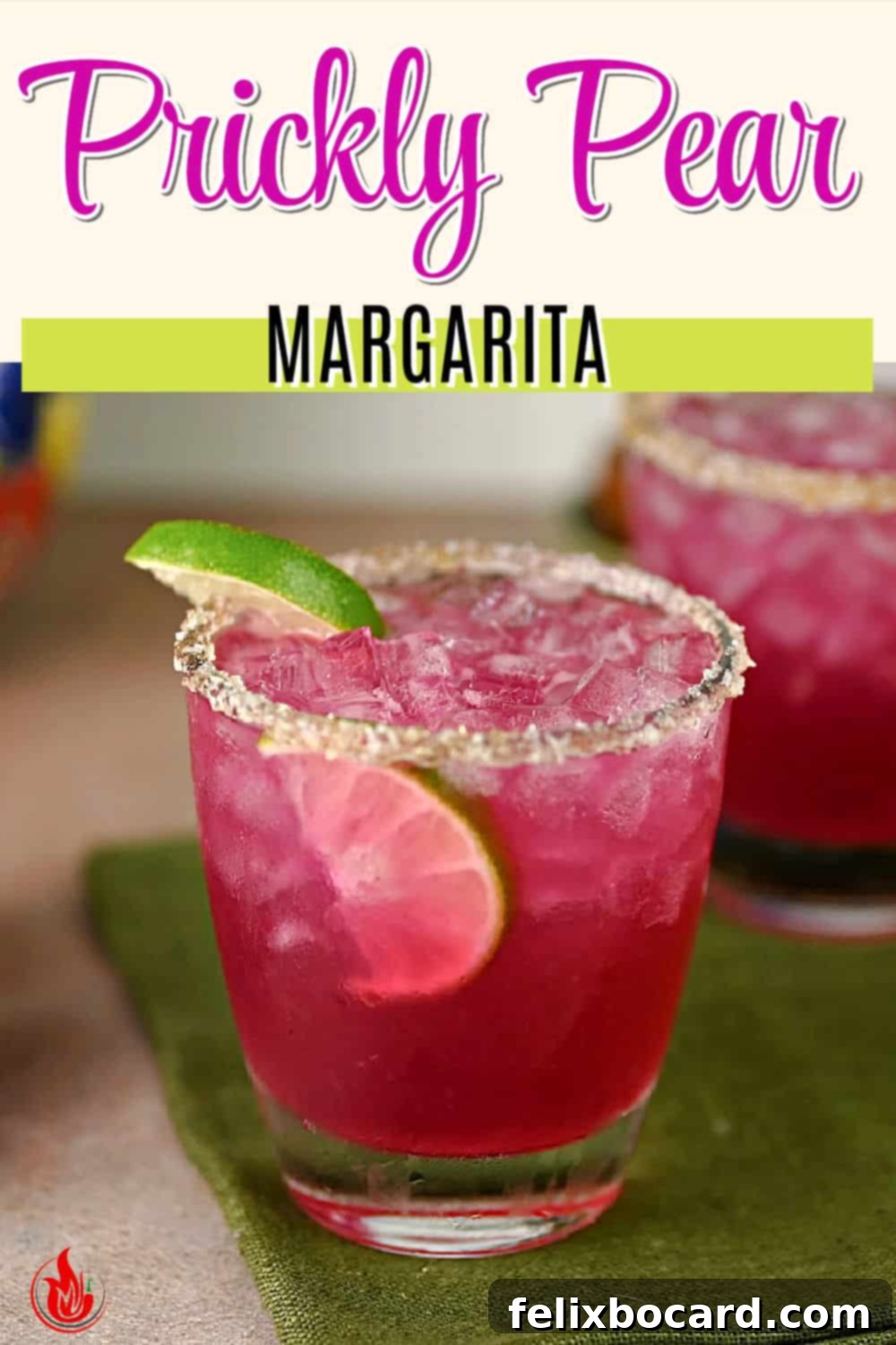 Pinterest pin graphic featuring a Prickly Pear Margarita with ingredients and text, encouraging sharing.