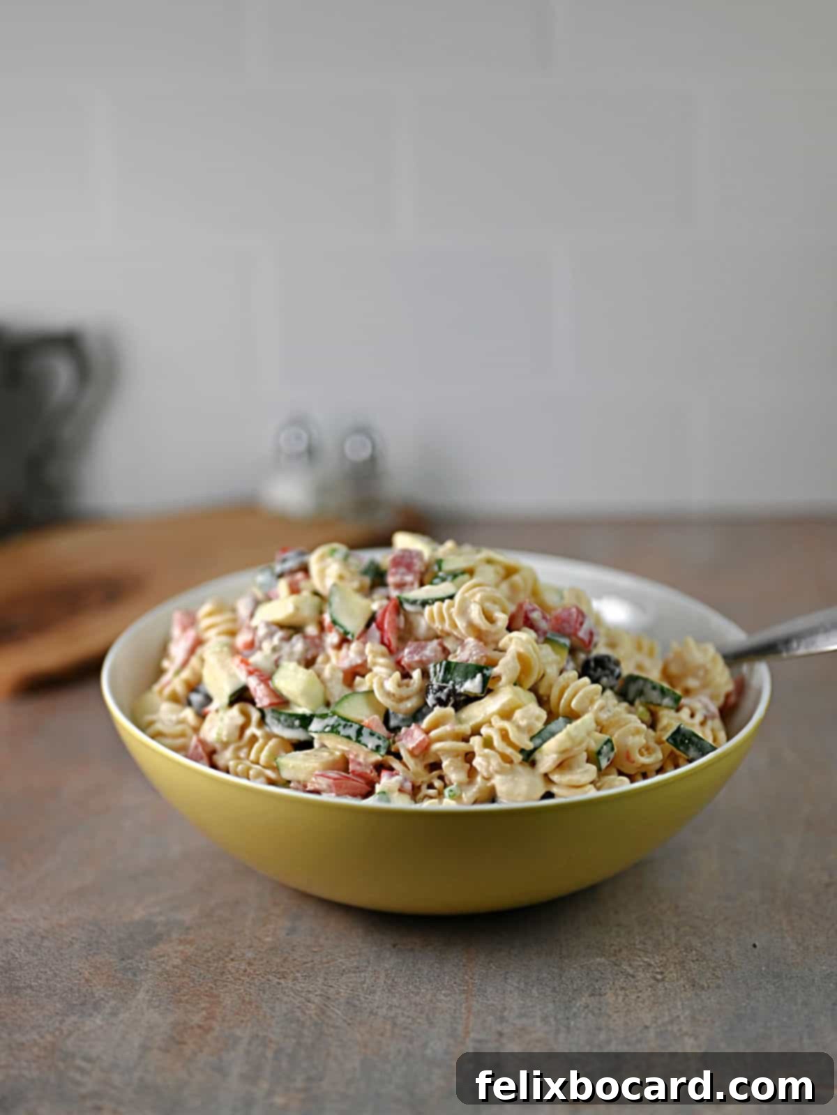 Bowl of pasta salad ready to serve.