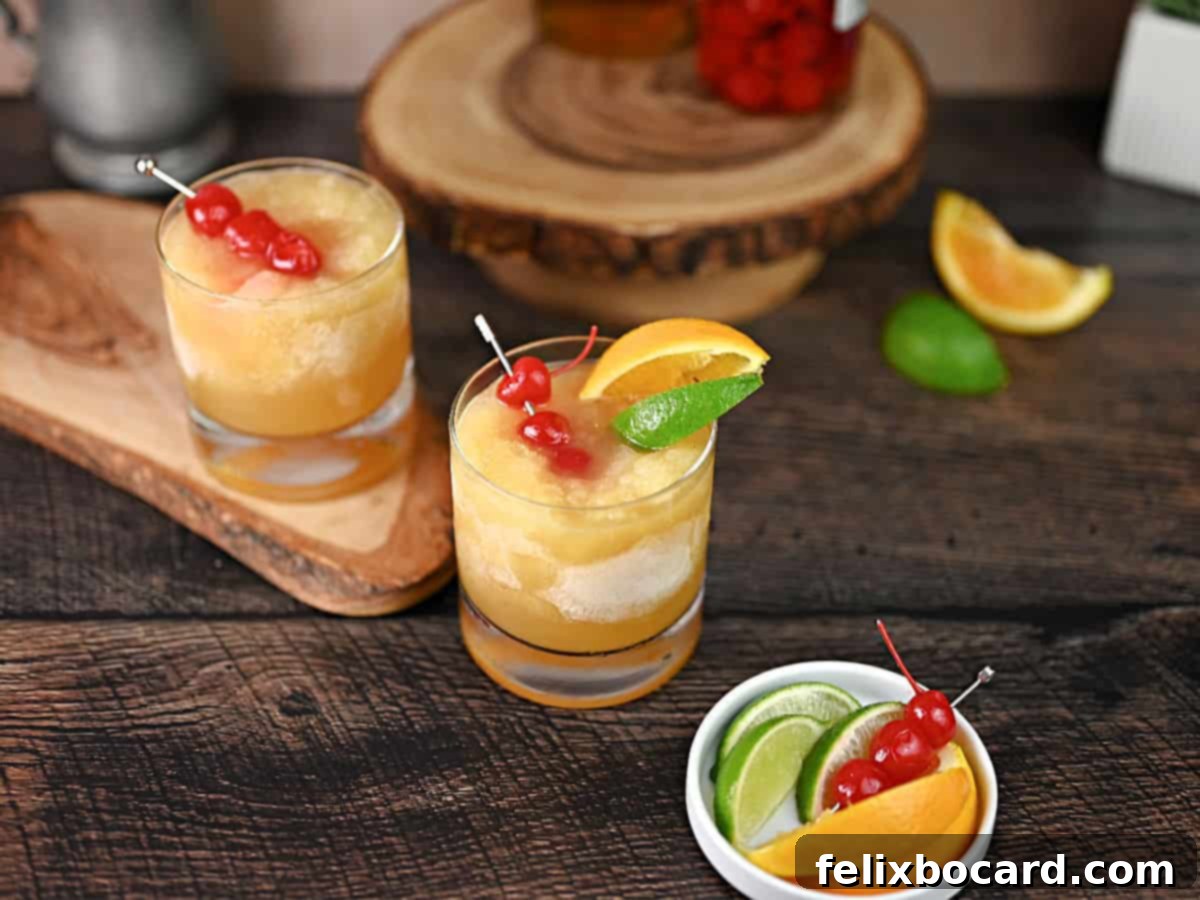 Two elegant glasses of Wisconsin Brandy Slush, beautifully garnished with vibrant citrus slices and bright red cherries, glistening and ready to be enjoyed.