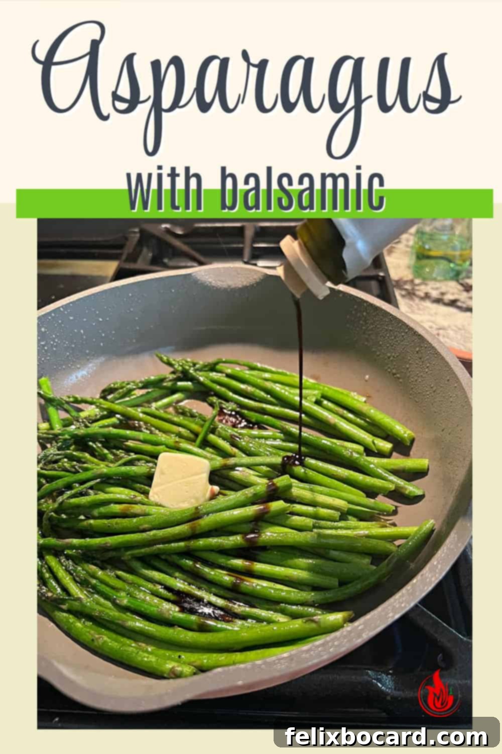Pinterest pin graphic for Sautéed Asparagus with Balsamic Vinegar, showcasing the finished dish.