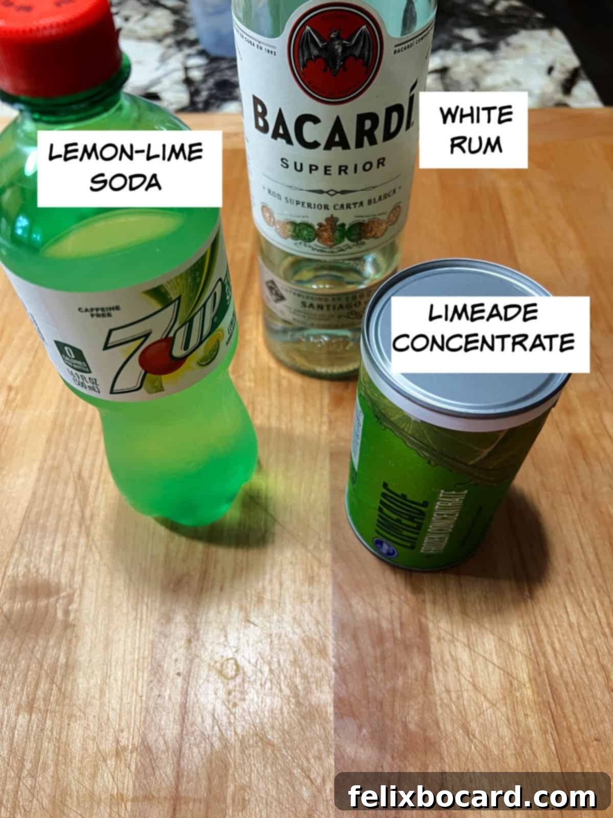 Blended Daiquiri Bliss 3 Ingredients: lemon lime soda, limeade concentrate, and white rum.