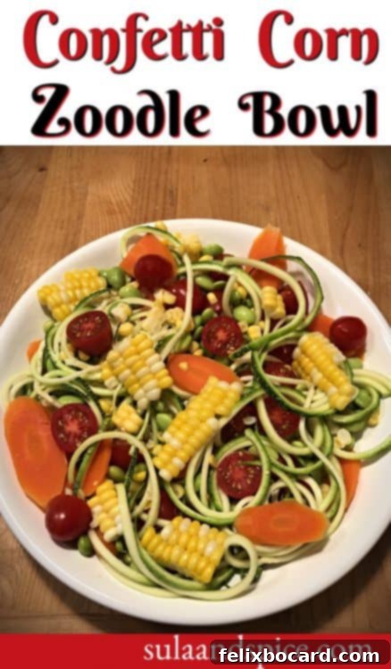 Pinterest pin graphic for Confetti Corn Zoodle Bowl, highlighting its fresh and healthy appeal