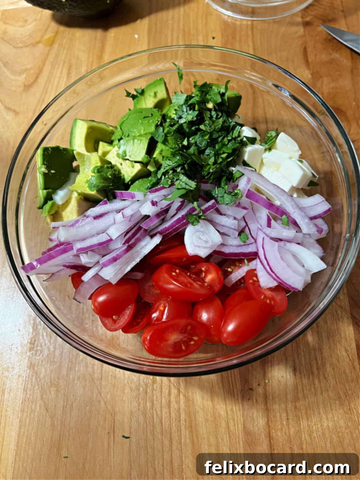 Undressed salad ingredients including avocado, tomatoes, onion, and mozzarella cheese in a mixing bowl, before dressing is added.