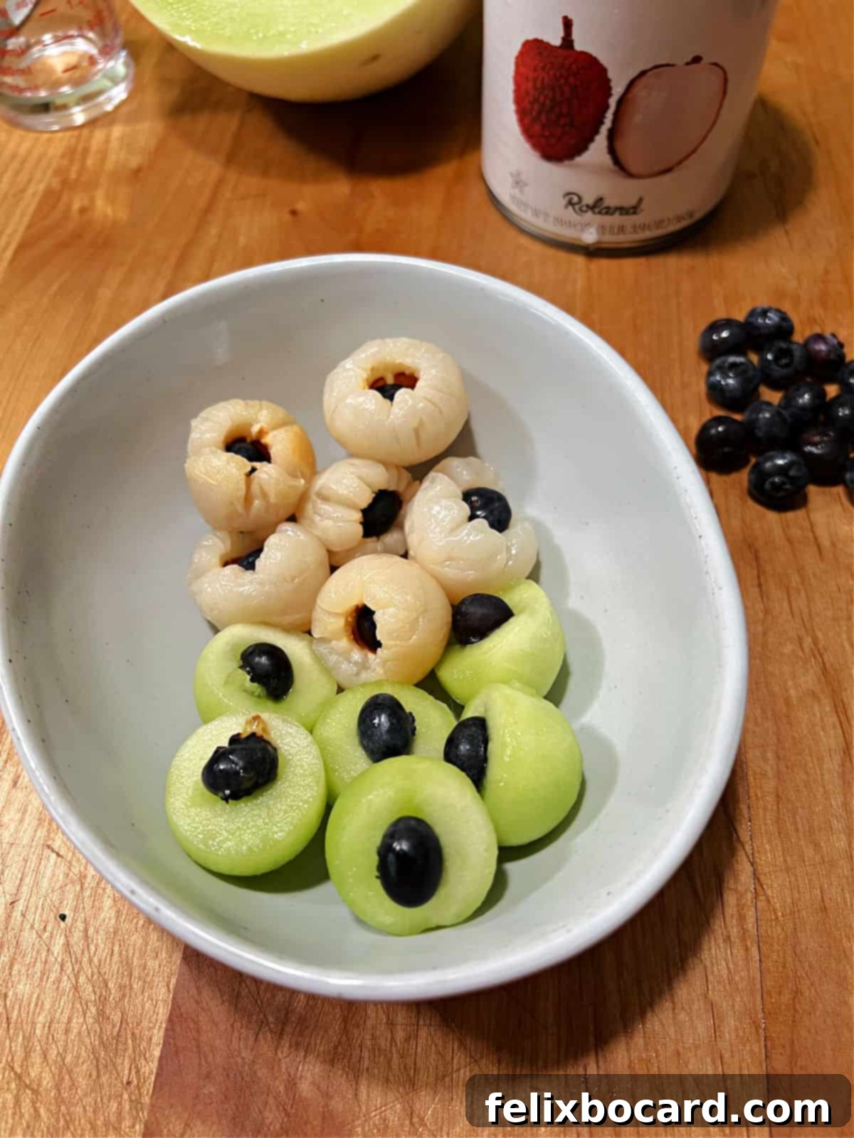 Monster Mash Punch 7 A bowl of assembled eyeballs for the Halloween punch.