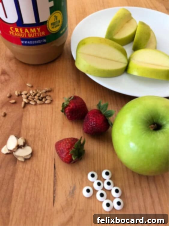 Step-by-step image showing how to cut a wedge into an apple quarter to create a mouth for silly apple bites.